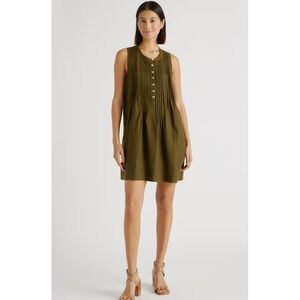 Quince Women's Olive Green 100% Linen Sleeveless Button Front Swing Dress Size L